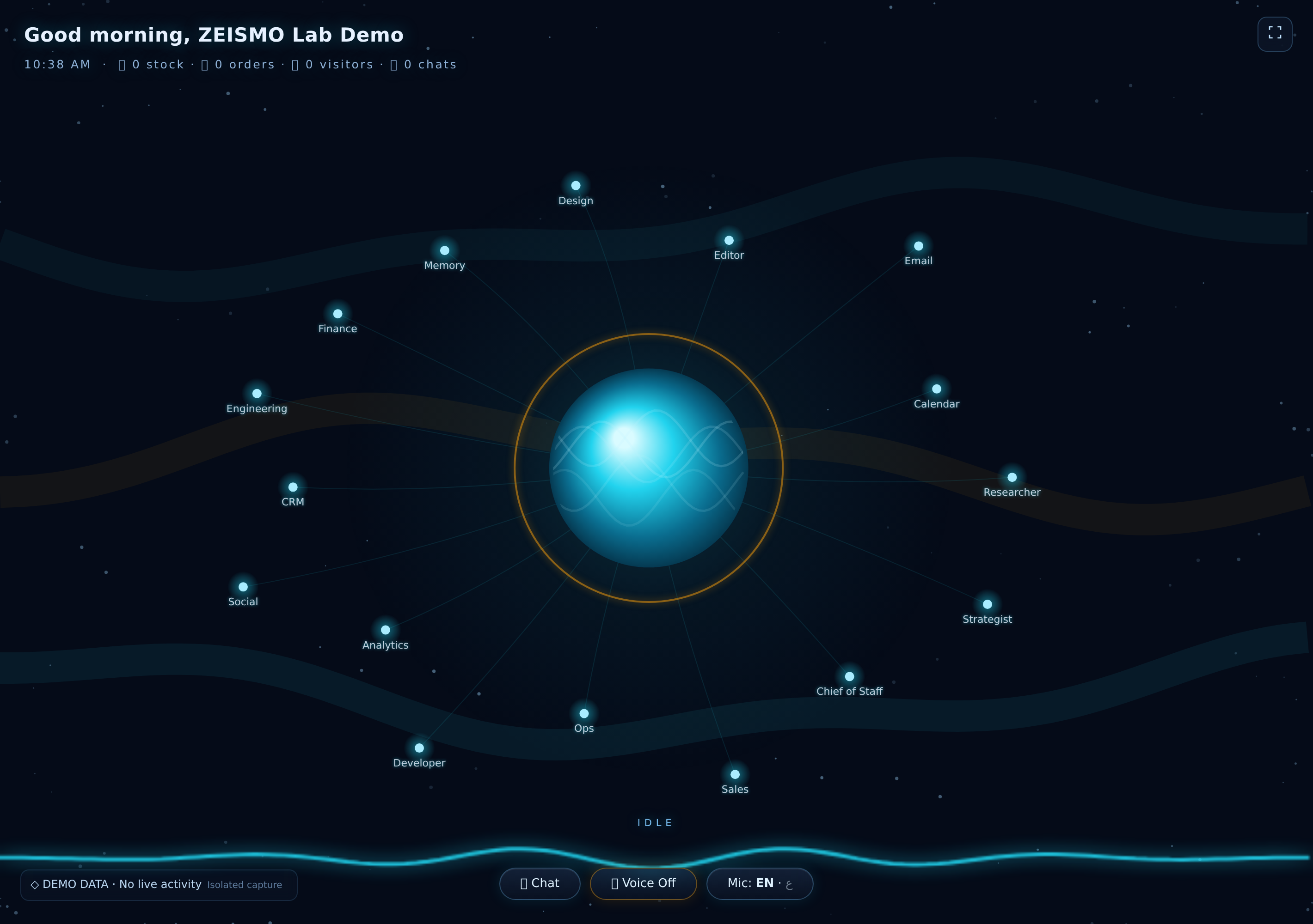 Figure C4. The original Jarvis command interface in fullscreen mode. Fictional identity, zero sample counters, voice off and no live activity.